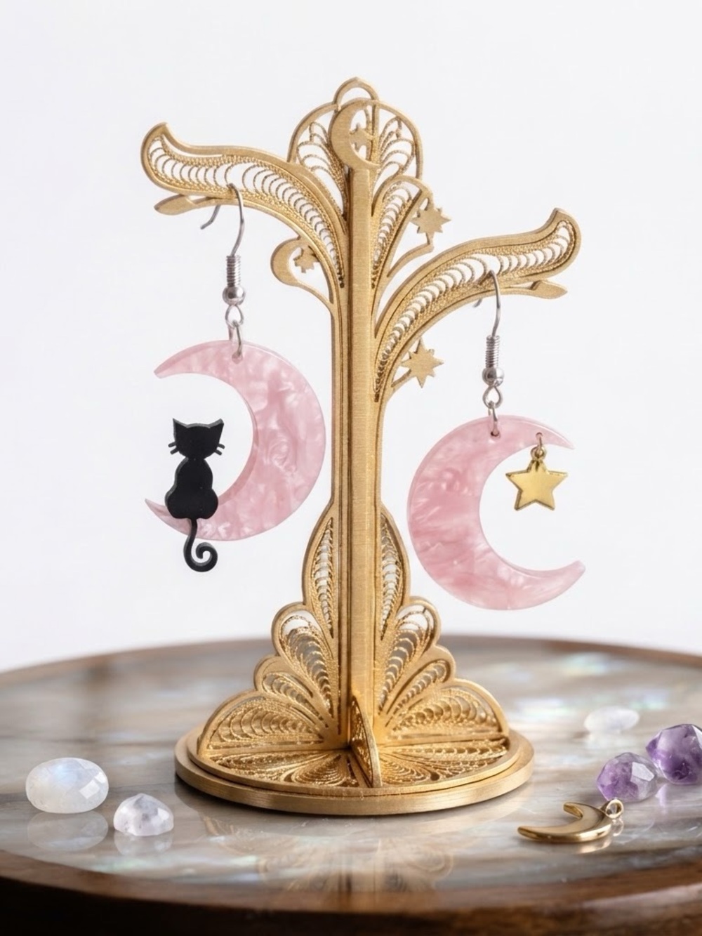 Pink Crescent Moon Cat & Star Drop Earrings
